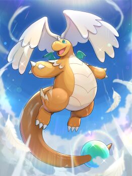 absurdres blue_sky claws cloud colored_skin dragon dragonite feathered_wings flying full_body gen_1_pokemon gonzarez green_eyes head_wings highres horns mega_dragonite mega_pokemon nintendo no_humans open_mouth pokemon pokemon_(creature) pokemon_focus single_horn sky smile solo tail wings