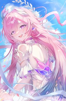 1girl absurdres armlet bare_shoulders blue_hair blue_sky breasts chinese_commentary commentary_request cyrene_(honkai:_star_rail) cyrene_(ripples_of_past_reverie)_(honkai:_star_rail) day diamond-shaped_pupils diamond_(shape) dress gradient_hair highres honkai:_star_rail honkai_(series) jewelry long_hair looking_at_viewer medium_breasts multicolored_hair open_mouth outdoors pink_hair pointy_ears purple_eyes sidelocks sky smile solo symbol-shaped_pupils very_long_hair white_dress zixi