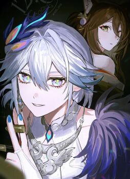 Rule 34 | 2girls, absurdres, animal ears, between fingers, blue eyes, blue nails, brown hair, bullet, commentary, earrings, fugue (honkai: star rail), green eyes, hair ornament, hashtag-only commentary, highres, holding, holding bullet, honkai: star rail, honkai (series), jewelry, long hair, multiple girls, nongxy nonshi, smile, tingyun (honkai: star rail), white hair, yao guang (honkai: star rail)