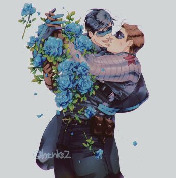 2boys animification artist_name bad_id bad_twitter_id bara black_bodysuit black_hair black_pants black_vest blue_bodysuit blue_flower blue_rose bodysuit brown_gloves brown_hair bucky_barnes closed_eyes crossover dc_comics dick_grayson domino_mask eye_mask falling_petals flower gloves highres holding_hands htnks2 looking_at_another male_focus marvel mask mechanical_arms multicolored_bodysuit multiple_boys muscular muscular_male nightwing open_mouth pants petals rose short_hair single_mechanical_arm smile twitter_username two-tone_bodysuit vest winter_soldier yaoi