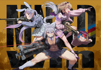 Rule 34 | >:), 3girls, :p, animal ears, apex legends, apron, blonde hair, breasts, cardigan, commentary request, fingerless gloves, gatling gun, gloves, green eyes, grin, gun, hair ribbon, highres, higuchi kaede, higuchi kaede (1st costume), ike (pixiv87705047), kurumi noah, large breasts, maid apron, minigun, multiple girls, necktie, nijisanji, one eye closed, pleated skirt, ponytail, purple eyes, purple hair, purple necktie, r-99 smg, rabbit ears, ribbon, school uniform, see-through clothes, see-through skirt, sentinel esr, sheila (minigun), shell casing, shirt, skirt, smile, socks, submachine gun, teeth, tongue, tongue out, tosaki mimi, track suit, v-shaped eyebrows, virtual youtuber, weapon, white ribbon, white shirt, white socks, wings