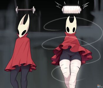 1girl absurdres arthropod_girl black_eyes black_skin cloak colored_skin commentary english_commentary groin highres hollow_eyes hollow_knight hollow_knight:_silksong horned_mask hornet_(hollow_knight) horns jarnqk looking_at_viewer mask red_cloak silk standing thighhighs white_mask white_thighhighs
