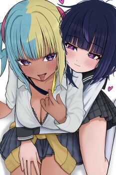 2girls black_sailor_collar blonde_hair blue_hair blunt_bangs blush bob_cut breasts canari_(pokemon) cleavage closed_mouth clothes_around_waist gwynn_(pokemon) heart heart-shaped_pupils highres hug hug_from_behind lightning_bolt-shaped_pupils long_sleeves looking_at_viewer multicolored_hair multiple_girls nintendo open_mouth pokemon pokemon_legends:_z-a purple_eyes purple_hair sailor_collar school_uniform shirt short_hair skirt slime_senpai split-color_hair sweater sweater_around_waist symbol-shaped_pupils tongue tongue_out two-tone_hair yuri
