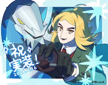 1boy ahoge baxcalibur black_gloves blonde_hair collared_shirt commentary_request dated flipped_hair gloves green_jacket hassel_(pokemon) holding holding_tera_orb jacket long_sleeves male_focus nintendo open_mouth parted_bangs pokemon pokemon_(creature) pokemon_sv shirt shiruku_(gp_oro8) teeth tera_orb translation_request twitter_username upper_body yellow_eyes