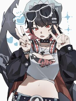 1girl alternate_costume beanie black_hair black_jacket black_tube_top blue_hat bracelet breasts cleavage_cutout clothing_cutout collar colored_inner_hair crop_top double_v ellen_joe eyewear_on_head fins fish_tail hands_up hat heart highres jacket jewelry large_breasts looking_at_viewer midriff multicolored_hair multiple_rings navel nnyyy71 open_mouth razor_blade_hair_ornament red_eyes red_nails ring scar scar_on_tail shark_girl shark_tail sharp_teeth shirt short_hair simple_background solo spiked_bracelet spiked_collar spikes strapless sunglasses tail teeth torn_clothes torn_shirt torn_tube_top tube_top upper_body upper_teeth_only v white-framed_eyewear white_background white_shirt zenless_zone_zero