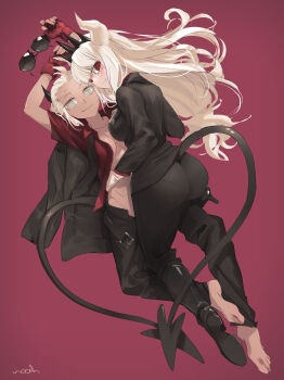 2girls absurdres artist_name ass barefoot black_boots black_pants boots breasts closed_mouth demon_girl demon_tail fingerless_gloves gloves gradient_background heart heart_tail_duo helltaker highres horns justice_(helltaker) long_hair looking_at_viewer lucifer_(helltaker) medium_breasts mole mole_under_eye multiple_girls noah_(tettsui-sole) open_clothes open_shirt pants pantylines red_background red_eyes red_gloves red_shirt shirt smile sunglasses tail tiara unworn_eyewear white_eyes white_gloves white_hair yuri