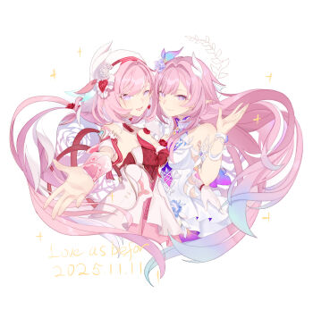 2girls absurdres aqua_hair bare_shoulders beret breasts chinese_commentary commentary commentary_request company_connection cyrene_(honkai:_star_rail) cyrene_(ripples_of_past_reverie)_(honkai:_star_rail) dated diamond-shaped_pupils diamond_(shape) dress elysia_(hi_love_elf)_(honkai_impact) elysia_(honkai_impact) english_commentary english_text evil_zenme_you_youren_qu flower hair_flower hair_ornament hat highres honkai:_star_rail honkai_(series) honkai_impact_3rd inoue_marina large_breasts long_hair looking_at_viewer mixed-language_commentary multicolored_hair multiple_girls pink_hair purple_eyes red_dress simple_background smile symbol-shaped_pupils two-tone_dress two-tone_hair very_long_hair voice_actor_connection white_background white_dress white_hair yanning