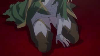 1girl absurdres animated audible_speech bare_shoulders begging blonde_hair blue_eyes boots bow breasts brown_boots capelet character_request cleavage clothing_cutout detached_sleeves dirty dirty_clothes dirty_face elbow_gloves elf female_focus gloves green_capelet hair_bow hair_ornament hair_ribbon hairclip highres imminent_torture japanese_audio kneehighs kneeling large_breasts legs long_glove long_hair long_sleeves looking_at_viewer midriff miniskirt mugen_gacha navel no_bra one_breast_out open_mouth pencil_skirt pointy_ears ponytail ribbon sasha_(mugen_gacha) scared sexually_suggestive sitting skirt socks solo solo_focus sound stomach stomach_cutout subtitled sweat sweatdrop tagme tears thigh_boots thighhighs thighs tight_skirt video white_bow white_gloves white_ribbon white_skirt white_thighhighs zettai_ryouiki