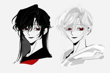 Rule 34 | 1girl, bbabbamis2, black eyes, black hair, black serafuku, commentary, english commentary, grey background, adashino adami, highres, homicipher, hood, hood up, long hair, looking at viewer, multiple views, portrait, raincoat, red eyes, ringed eyes, school uniform, serafuku, short hair, simple background, white hair, white raincoat