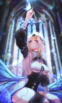 1girl absurdres aponia artist_name black_dress blonde_hair blue_eyes breast_curtains breasts bug butterfly butterfly_on_hand church commentary detached_sleeves dress english_commentary hibahria highres honkai_(series) honkai_impact_3rd insect large_breasts medium_hair nun nun_headdress parted_lips solo thighs underboob veil white_veil