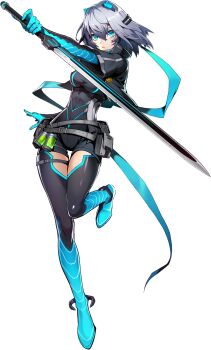 1girl badge belt black_jacket blazblue blue_boots blue_eyes blue_gloves boots breasts button_badge closed_mouth cropped_jacket full_body gloves grey_hair hair_between_eyes highres holding holding_sword holding_weapon icey icey_(game) jacket multiple_belts official_art shorts smiley_face solo sword thigh_boots thigh_strap weapon