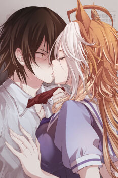 1boy 1girl animal_ears brown_hair chain closed_eyes collared_shirt highres horse_ears horse_girl kiss necktie orange_hair orfevre_(umamusume) red_necktie school_uniform shirt tracen_school_uniform trainer_(umamusume) umamusume upper_body white_shirt yue_(lov_n_n)