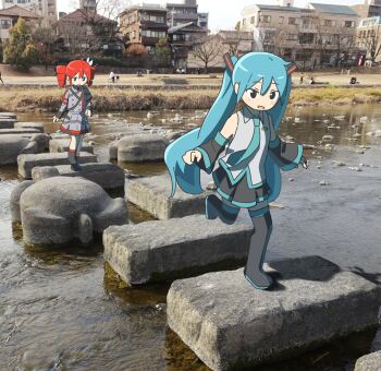 2girls absurdres aqua_hair aqua_necktie aqua_trim auhuheben17 black_boots black_eyes black_skirt black_sleeves blush boots bow building buttons collared_shirt detached_sleeves double-breasted drill_hair grey_jacket grey_shirt grey_skirt hair_bow hair_ornament hatsune_miku highres jacket kasane_teto kasane_teto_(sv) long_hair multiple_girls necktie open_mouth outdoors people photo_background pleated_skirt red_hair red_trim river shirt shoulder_belt shoulder_boards skirt sleeveless sleeveless_shirt smile stepping_stones synthesizer_v thigh_boots tree twin_drills twintails utau very_long_hair vocaloid walking white_bow