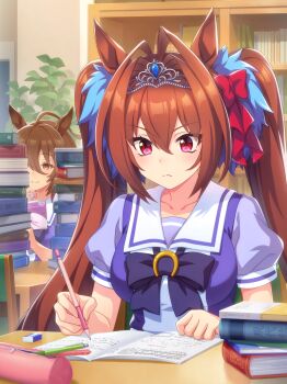 2girls absurdres agnes_tachyon_(umamusume) animal_ears antenna_hair artist_request bare_arms blue_bow blue_bowtie blue_scrunchie blue_shirt book book_stack bookshelf bow bowtie breasts brooch brown_hair chair closed_mouth collarbone daiwa_scarlet_(umamusume) determined dot_nose empty_eyes eraser eyelashes fingernails frown game_cg hair_between_eyes hair_bow hair_intakes hair_ornament hair_scrunchie hand_on_own_chin hands_on_table happy highres holding holding_book holding_pen horse_ears horse_girl horseshoe_ornament indoors jewelry large_breasts library light_blush long_hair looking_at_object multiple_girls official_art on_chair open_book orange_eyes pen pencil_case pink_eyes plant potted_plant puffy_short_sleeves puffy_sleeves reading red_bow sailor_collar school_uniform scrunchie shirt short_hair short_sleeves sitting smile studying tiara tracen_school_uniform tsurime twintails two-tone_shirt umamusume upper_body very_long_hair white_sailor_collar white_shirt writing