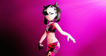 1girl absurdres aqua_eyes armpit_crease artist_request asymmetrical_bangs bare_shoulders black_choker black_hair black_nails child choker collarbone expressionless eyelashes female_focus fingernails flat_chest gloves gradient_background highres leggings legs long_hair looking_at_viewer marnie_(pokemon) midriff nail_polish navel nintendo official_alternate_costume outstretched_arms pink_background pokemon pokemon_swsh print_leggings print_shirt punk shirt single_glove sleeveless sports_bra standing stomach tight_clothes torn_clothes torn_leggings twintails undercut