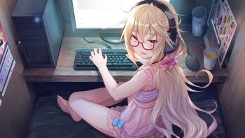 1girl barefoot bikini blonde_hair blue_bikini blue_bow bow computer computer_keyboard computer_mouse computer_tower cup disposable_cup dress_swimsuit frilled_bikini frills full_body game_cg glasses indian_style indoors internet_cafe long_hair looking_at_viewer looking_back monitor mugendo_saki non-web_source official_art orange_eyes parted_lips red-framed_eyewear semi-rimless_eyewear sitting soles solo striped_bikini striped_clothes swimsuit toes under-rim_eyewear very_long_hair yumeutsutsu_re:master