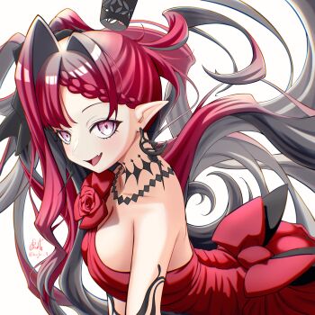 Rule 34 | 1girl, baobhan sith (exhibition attire) (fate), baobhan sith (fate), baobhan sith (swimsuit pretender) (third ascension) (fate), bare shoulders, blush, braid, breasts, choker, colored inner hair, crown, dress, earrings, fate/grand order, fate (series), grey eyes, grey hair, highres, hujo244, jewelry, large breasts, long hair, looking at viewer, mini crown, multicolored hair, open mouth, pointy ears, red hair, side ponytail, smile, solo