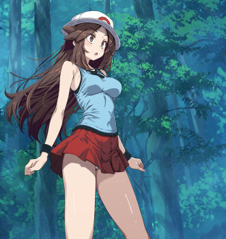 1girl brown_eyes brown_hair commentary_request hat highres leaf leaf_(pokemon) long_hair looking_at_another nintendo open_mouth panties pink_nails plant pokemon pokemon_firered_and_leafgreen red_skirt skirt solo standing tree tsukishiro_saika underwear white_hat white_panties