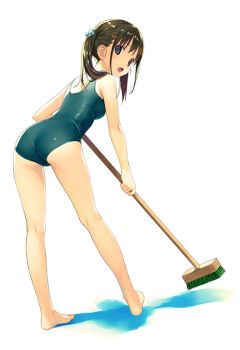1girl :d ass bare_arms bare_legs bare_shoulders barefoot black_hair blue_eyes blue_one-piece_swimsuit broom commentary_request from_behind full_body hair_bobbles hair_ornament holding holding_broom koutaro leaning_forward long_hair looking_at_viewer looking_back one-piece_swimsuit open_mouth original school_swimsuit smile solo standing swimsuit thighs twintails white_background
