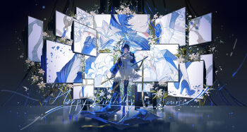 1girl absurdres asymmetrical_gloves asymmetrical_legwear blue_cape blue_eyes blue_footwear blue_hair bonnet borrowed_character cape character_name commission dress elbow_gloves expressionless eyelashes flower flower_trim frills full_body gloves happy_birthday hat high_heels highres holding holding_sword holding_weapon lily_(flower) looking_at_viewer medium_hair mihuashi_commission mismatched_gloves mismatched_legwear original parted_lips ritery_azurite_(jacknife) screen sidelocks solo standing sword weapon white_dress white_flower white_hat yan_tu_ni_sheng