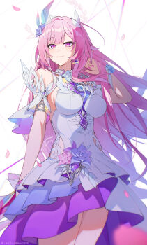 1girl auui bare_shoulders breasts cyrene_(honkai:_star_rail) cyrene_(ripples_of_past_reverie)_(honkai:_star_rail) detached_sleeves diamond-shaped_pupils diamond_(shape) dress earrings flower hair_flower hair_ornament halo hashtag-only_commentary highres honkai:_star_rail honkai_(series) jewelry large_breasts long_hair pink_hair pink_nails purple_eyes simple_background smile solo symbol-shaped_pupils thighs very_long_hair white_background white_dress