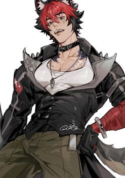 1boy animal_ears bara bittersweet334 black_choker black_jacket choker highres jacket jewelry komano_manato looking_at_viewer male_focus multicolored_hair muscular muscular_male necklace open_mouth partially_open_jacket pectoral_cleavage pectorals red_eyes scar scar_on_chest scar_on_face shirt simple_background solo teeth white_background white_shirt wolf_boy wolf_ears zenless_zone_zero
