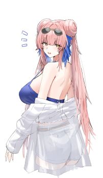Rule 34 | 1girl, arknights, back, bare shoulders, bead choker, blue camisole, breasts, camisole, ceylon (arknights), ceylon (holiday) (arknights), commentary request, double bun, eyewear on head, feather hair, from behind, hair bun, highres, horn/wood, jacket, large breasts, long hair, looking at viewer, looking back, official alternate costume, pink hair, see-through clothes, see-through jacket, short shorts, shorts, simple background, solo, sunglasses, swimsuit cover-up, twintails, very long hair, white background, white shorts, yellow eyes