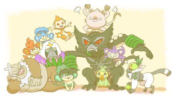 Rule 34 | :3, aipom, animal focus, ape, arms up, chimchar, closed eyes, closed mouth, colored sclera, commentary, empty eyes, english commentary, fangs, fire, gen 1 pokemon, gen 2 pokemon, gen 3 pokemon, gen 4 pokemon, gen 5 pokemon, gen 7 pokemon, gen 8 pokemon, goat (hotaruman97), green eyes, grookey, hand on another's head, head rest, highres, lying, mankey, monkey, mythical pokemon, nintendo, no humans, nostrils, on head, on side, open mouth, orange eyes, oranguru, panpour, pansage, pansear, passimian, pokemon, pokemon (creature), pokemon focus, pokemon on head, puff of air, red sclera, sharp teeth, slaking, species connection, sweatdrop, teeth, yellow sclera, zarude