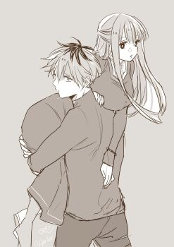 Rule 34 | 1boy, 1girl, black roots, boo br, bracelet, breasts, carrying, commentary, dress, fern (sousou no frieren), grey background, greyscale, hair between eyes, half updo, hetero, highres, jewelry, large breasts, long dress, long hair, looking at viewer, monochrome, pants, parted lips, short hair, shoulder carry, sketch, sousou no frieren, stark (sousou no frieren), twitter username