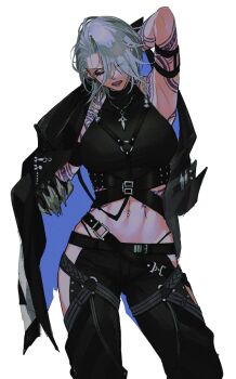 1girl abs arm_behind_head arm_tattoo arm_up belt black_gloves black_jacket black_pants chest_tattoo claw_ring closed_eyes contrapposto cowboy_shot ear_piercing eyes_visible_through_hair eyeshadow facing_viewer fangs frown furrowed_brow gloves grey_hair hair_over_one_eye jacket jacket_on_shoulders jewelry makeup mamaloni navel navel_piercing necklace o-ring open_mouth pants path_to_nowhere piercing punk purple_lips shirt short_hair simple_background sleeveless sleeveless_shirt solo standing studded_belt tattoo turtleneck_crop_top white_background zoya_(path_to_nowhere)