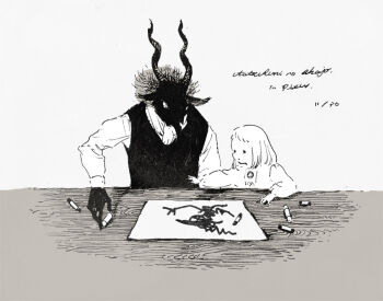 1boy 1girl body_fur child crayon dated drawing_(object) furry furry_male greyscale horns monochrome nagabe sensei_(totsukuni_no_shoujo) shiva_(totsukuni_no_shoujo) short_hair simple_background table totsukuni_no_shoujo vest white_background