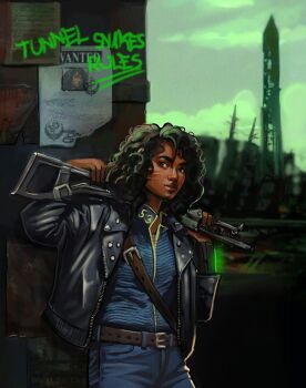Rule 34 | 1girl, assault rifle, belt, black hair, black jacket, bodysuit, brick wall, cityscape, curly hair, denim, facial scar, fallout, fallout 3, grey eyes, gun, highres, jacket, jeans, kalashnikov rifle, leaning, leather, leather jacket, lone wanderer, pants, pip boy, rifle, ruins, sara cooley, scar, scar on cheek, scar on face, solo, vault suit, wanted poster, washington monument, weapon