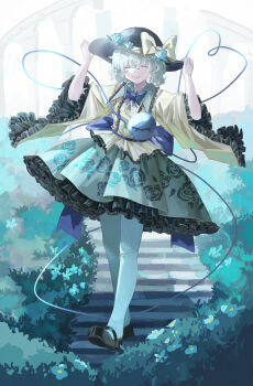1girl absurdres blue_eyes bow bruce_1354 dress flower frills green_hair hat highres komeiji_koishi long_sleeves plant shoes smile solo touhou vines