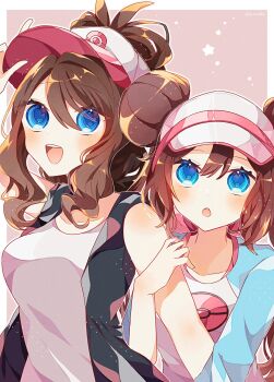 Rule 34 | 2girls, :d, :o, baseball cap, black vest, blue eyes, blue sleeves, border, breasts, brown hair, donut hair bun, double bun, hair bun, hat, high ponytail, highres, hilda (pokemon), long hair, looking at viewer, multiple girls, nintendo, open clothes, open mouth, open vest, pink background, poke ball print, pokemon, pokemon bw, pokemon bw2, ponytail, raglan sleeves, rosa (pokemon), shirt, simple background, smile, to camellia, twintails, upper body, vest, visor cap, white border, white shirt