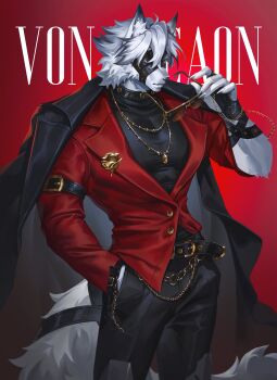 1boy animal_ear_fluff animal_ears arm_belt belt belt_buckle black_belt black_coat black_collar black_gloves black_hair black_pants black_shirt bracelet buckle chain character_name claws coat coat_on_shoulders collar commentary cowboy_shot crovius english_commentary eyepatch fingerless_gloves furry furry_male gloves gold_chain gold_necklace hair_between_eyes hand_in_pocket hand_up highres holding holding_removed_eyewear jacket jewelry lapel_pin lapels long_sleeves looking_at_viewer male_focus multicolored_hair muzzle_(mask) necklace one_eye_covered pants parted_lips pectorals red_background red_eyes red_jacket shirt short_hair single_glove solo standing streaked_hair studded_bracelet studded_collar sunglasses tail tail_belt unworn_eyewear von_lycaon wallet_chain white_hair wolf_boy wolf_ears wolf_tail zenless_zone_zero