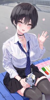 absurdres bangle bench bento black_bra black_skirt black_thighhighs blue_necktie bra bra_visible_through_clothes bracelet choker drink_carton drinking_straw food highres jewelry lace lace_bra milk milk_carton multiple_necklaces necklace necktie norio_(noriosub) original pleated_skirt see-through_clothes see-through_shirt shirt sitting skirt striped_necktie thighhighs thighs underwear waving white_shirt zettai_ryouiki