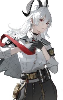 1girl absurdres arm_pouch armband black_armband black_choker black_horns black_jacket black_pants button_gap choker collared_shirt commentary cowboy_shot curled_horns earrings grey_hair hair_between_eyes highres horns jacket jacket_on_shoulders jewelry key_earrings long_hair necktie pants parted_lips pouch red_eyes red_necktie shirt simple_background solo white_background white_shirt wuthering_waves yoswr zani_(wuthering_waves)