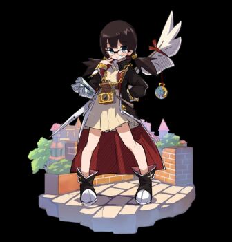 1girl arm_behind_back black_background black_hair blue_eyes blunt_bangs blush boots breasts brick_wall brown_boots brown_coat brown_dress building clenched_teeth coat collared_shirt dress full_body globe highres low_twintails medium_breasts merc_storia merc_storia_art_team official_art open_clothes open_coat open_hand papil_(merc_storia) quill shirt shirt_under_dress simple_background smile solo standing stone_floor tachi-e teeth tree twintails