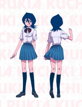 1girl ? alarm_clock american_football_(object) apple ball beamed_eighth_notes black_eyes black_hair black_shoes black_socks bleach book calculator character_name clipboard clock commentary flask food fruit globe hair_between_eyes highres karakura_high_school_uniform kneehighs kuchiki_rukia light_bulb loafers medium_hair microscope miniskirt musical_note paperclip pencil petite pleated_skirt ruler school_uniform shoes skirt smile socks solo test_tube treble_clef umbra_(edits_umbra)