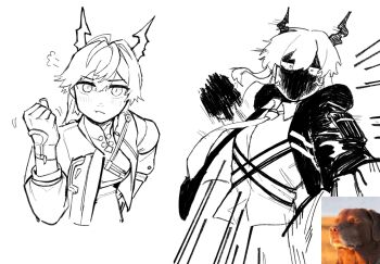 Rule 34 | :t, ancestor and descendant, anger vein, arknights, arknights: endfield, blush, breasts, ch'en (arknights), chen qianyu (arknights), closed mouth, commentary, cropped torso, dragon girl, dragon horns, eastern dragon horns, english commentary, gloves, gmeg011, greyscale, hair between eyes, hand up, highres, horns, long hair, long sleeves, looking at viewer, monochrome, motion blur, motion lines, pout, puff of air, sidelocks