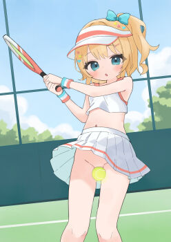 1girl absurdres ball blonde_hair breasts commission convenient_censoring hair_ornament hairclip highres loli navel no_panties original pleated_skirt racket skeb_commission skirt small_breasts solo sportswear tennis_racket tennis_uniform visor_cap yamadin