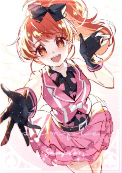 :d ayako_(xiaqiu) bare_arms bare_shoulders belt black_bow black_gloves black_shirt bow bow_print breasts collared_shirt copyright_notice from_above gloves hair_bow harune_aira highres lapels layered_skirt legs_together long_hair medium_breasts notched_lapels open_mouth pink_shirt pink_skirt ponytail pretty_rhythm pretty_rhythm_aurora_dream pretty_series red_eyes red_hair red_pupils sample_watermark shirt simple_background skirt sleeveless sleeveless_shirt smile standing teeth upper_teeth_only watermark white_background