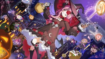 1boy 5girls animal_ears apricot_the_lich arthropod_girl basket black_boots black_dress black_hat black_nails boots bubi_(ironmouse) cockroach_girl deer_ears deer_girl demon_girl demon_horns demon_tail dress flower_in_eye general_geega haruka_karibu hat henya_the_genius highres hime_hajime holding holding_basket horns ironmouse ironmouse_(witch) kson kuro_kurenai looking_at_viewer matara_kan melody_(projektmelody) michi_mochievee monster_girl multiple_girls nail_polish smile solo symbol_in_eye tail virtual_youtuber vshojo witch_hat yuarima2