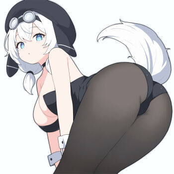 1girl :o animal_ears ass bare_shoulders bent_over black_choker black_hat black_leotard black_pantyhose blue_eyes breasts choker cleavage goggles goggles_on_head hat large_breasts leotard looking_at_viewer low_twintails mochiko-san_(voicevox) nontraditional_playboy_bunny pantyhose playboy_bunny simple_background solo strapless strapless_leotard suuchi_maigo_(nan) tail twintails voicevox white_background white_hair wrist_cuffs