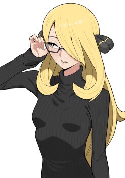 Rule 34 | 1girl, absurdres, adjusting eyewear, bespectacled, black sweater, blonde hair, breasts, commentary request, cynthia (pokemon), glasses, hair ornament, hair over one eye, highres, n k m, nintendo, parted lips, pokemon, pokemon dppt, sideways glance, simple background, small breasts, solo, sweater, turtleneck, turtleneck sweater, upper body, white background