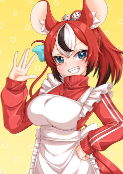 Rule 34 | 1girl, absurdres, animal ears, apron, black hair, black streaks, blue eyes, bow, breasts, bright pupils, colored tips, commentary request, dice hair ornament, double-parted bangs, frilled apron, frills, grin, hair between eyes, hair ornament, hakos baelz, hand on own hip, hand up, highres, hololive, hololive english, jacket, jersey maid, large breasts, looking at viewer, maid, medium hair, mouse ears, mouse girl, mouse tail, multicolored hair, nyang-kaz, ponytail, red hair, red jacket, sharp teeth, smile, solo, tail, tail bow, tail ornament, teeth, track jacket, unconventional maid, virtual youtuber, waving, white apron, white pupils, white streaks