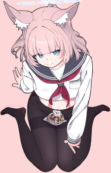 Rule 34 | 1girl, absurdres, animal ears, black pantyhose, blue archive, blue eyes, commentary request, cookie, food, fox ears, fox girl, hair tie, halo, highres, long malin, long sleeves, looking up, navel, niko (blue archive), no pants, no shoes, pantyhose, pink hair, ponytail, school uniform, serafuku, short ponytail, simple background, sitting, smile, valentine, wariza
