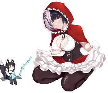 2girls absurdres animal_ears black_corset black_hair black_pantyhose blue_hair breasts capelet chibi cleavage colored_inner_hair corset electricity gloves grey_hair highres hololive hololive_english hood hood_up hooded_capelet large_breasts mmneko multicolored_hair multiple_girls nerissa_ravencroft nerissa_ravencroft_(1st_costume) pantyhose red_capelet shiori_novella shirt simple_background skirt split-color_hair tail two-tone_hair virtual_youtuber white_background white_gloves white_shirt white_skirt wolf_ears wolf_girl wolf_tail yellow_eyes