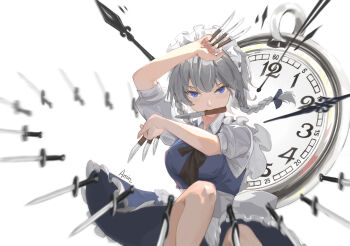 1girl absurdres amin_mimna apron back_bow blue_bow blue_eyes blue_skirt blue_vest bow braid breasts clock_hands collared_shirt commentary_request dial feet_out_of_frame frilled_apron frills grey_hair hair_bow highres holding holding_knife izayoi_sakuya knees knife large_breasts light_blush maid_apron maid_headdress medium_hair motion_blur mouth_hold pink_nails pocket_watch puffy_short_sleeves puffy_sleeves shirt short_sleeves skirt solo table_knife touhou twin_braids vest watch white_bow white_shirt