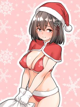 absurdres bag bikini black_hair blush bob_cut breasts capelet commentary_request furaggu_(frag_0416) gift_bag gloves haguro_(kancolle) hair_ribbon hat highres holding holding_bag kantai_collection large_breasts red_bikini red_capelet red_ribbon ribbon santa_hat short_hair stomach swimsuit thighs variant_set white_gloves